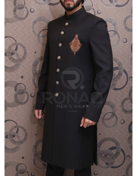 Black Italian Suiting Handwork Moti Sherwani