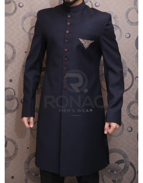 Navy Blue Italian Suiting Handwork Motif Sherwani