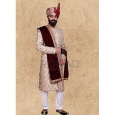 Light Cream Handwork Embroidered Fabric Sherwani