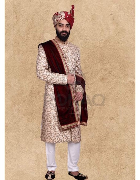 Light Cream Handwork Embroidered Fabric Sherwani