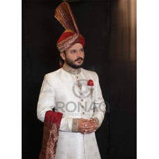 Light Cream Jamawar Handwork Sherwani