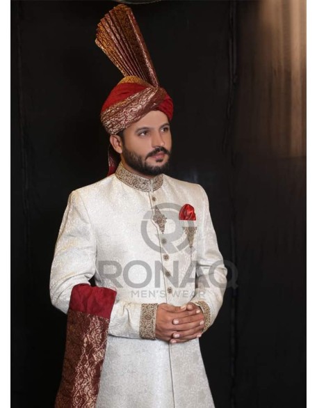 Light Cream Jamawar Handwork Sherwani