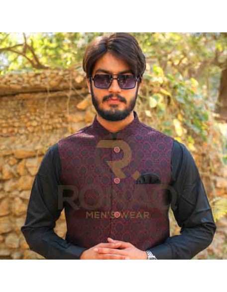 Mehroon Black Waist Coat