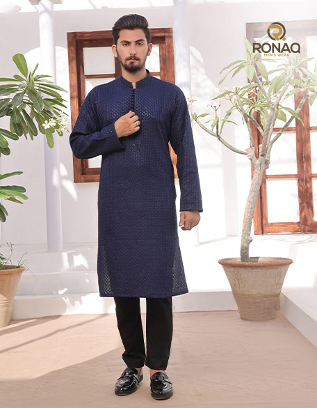 Navy Blue Embroidered Fancy Kurta