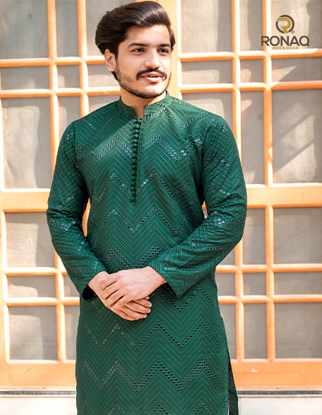 GREEN EMBROIDED MIRROR KURTA