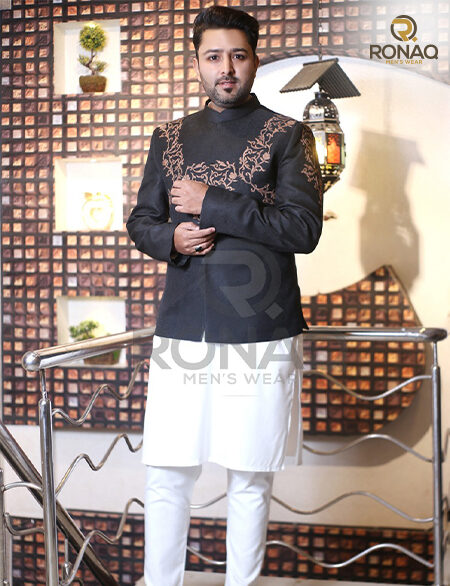 Black Jamawar Embroided Prince Coat