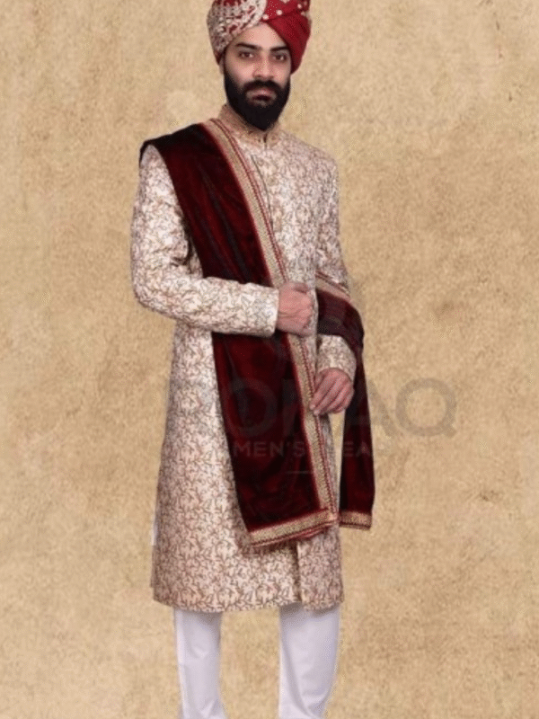 Light Cream Handwork Embroidered Fabric Sherwani