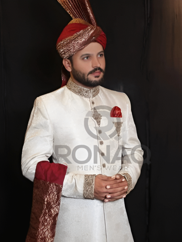 Light Cream Jamawar Handwork Sherwani
