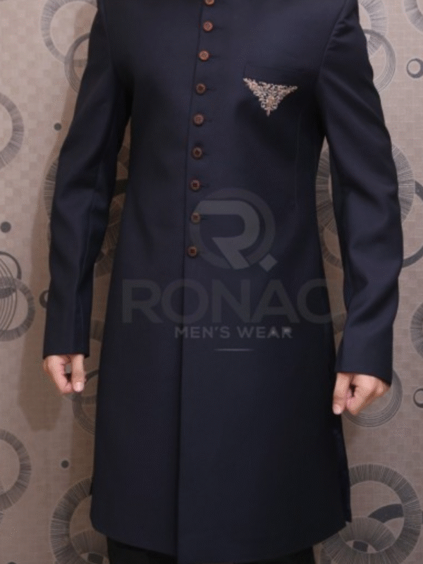 Navy Blue Italian Suiting Handwork Motif Sherwani