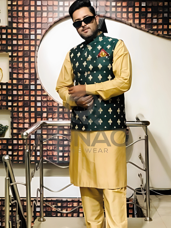 Green Jamawar Embroidered Waistcoat