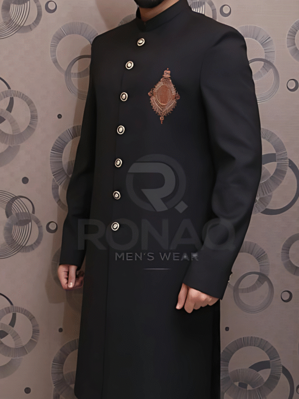 Black Italian Suiting Handwork Moti Sherwani