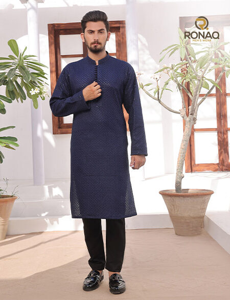 Navy Blue Embroidered Fancy Kurta